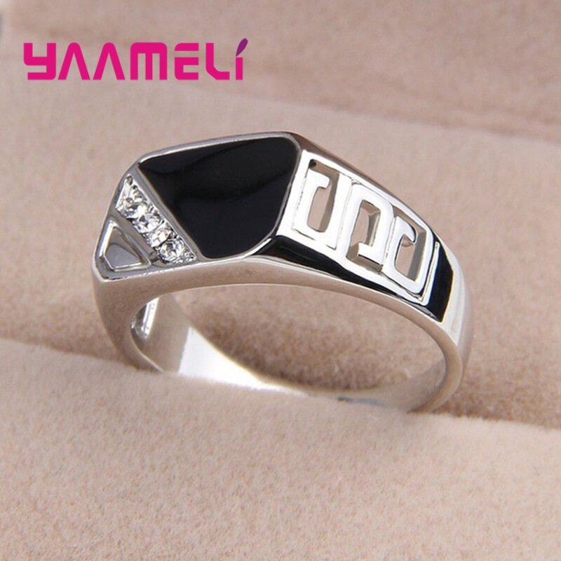 Anel de banda larga em prata esterlina 925 para homens, jóias exclusivas de hip hop strass branco e preto, quadrado, anel clássico masculino