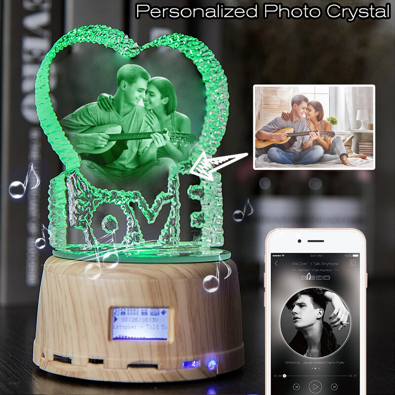 Customized Photo Gift Personalized Crystal Picture Night Light Rotating Music Box Lamp Gift for Mom Dad Father's Day Anniversary