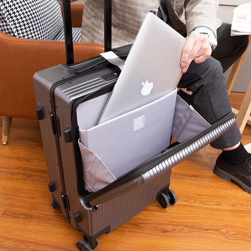فتح الجبهة والجانب فتح الأمتعة رجال الأعمال حقيبة سفر عربة الألومنيوم الإطار حقيبة متعددة الوظائف مع مايكرو USB