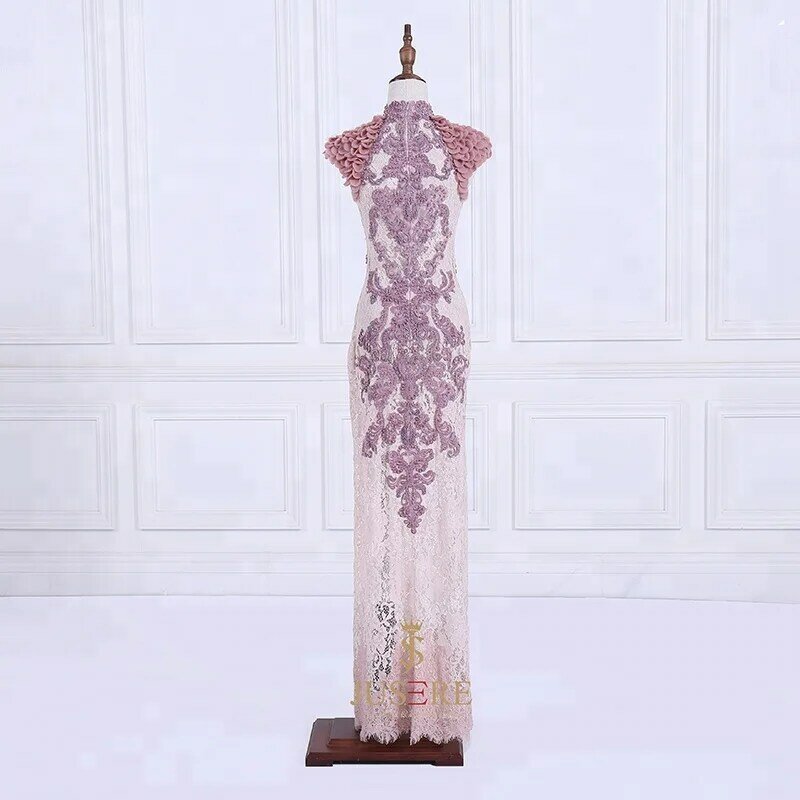 Na szyję w stylu chińskim projektant wieczorowej sukni koronki z koralikami bez rękawów sukienka na studniówkę modne wzory sukienek