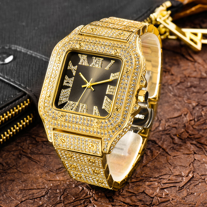 Pełen Bling Iced Out zegarek dla mężczyzn Hip Hop raper zegarki kwarcowe męskie zegarki klasyczna prostokątna szkatułka diament Reloj Hombre Dropship