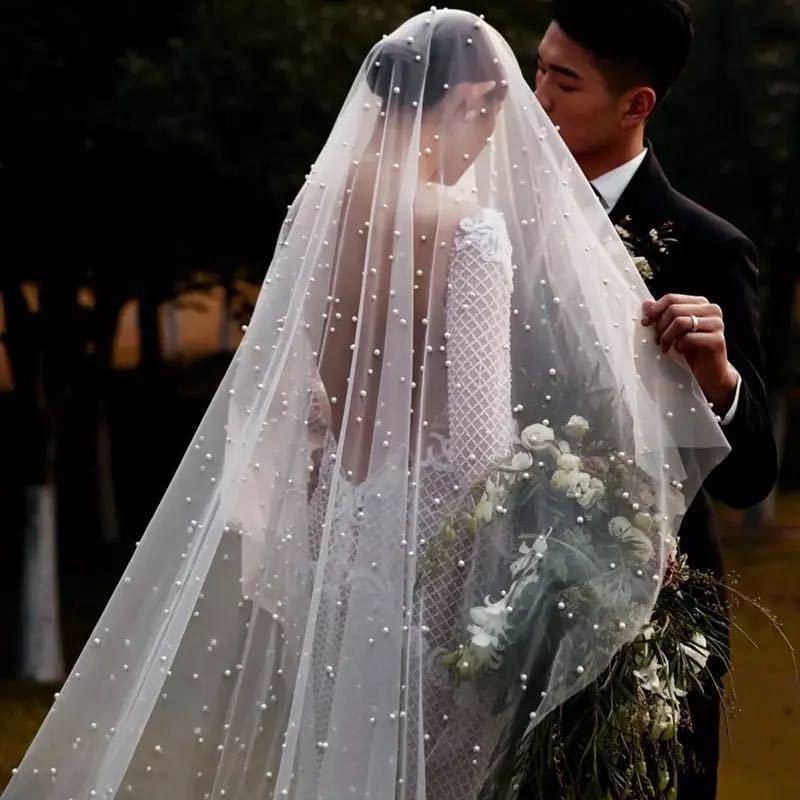 สามารถฝาครอบ Face Pearl Veil ชั้นหนึ่งเจ้าสาว Cathedral 3เมตรสีขาวงาช้างผ้าคลุมหน้างานแต่งงานไข่มุกเจ้าสาวงานแต่งงานอุปกรณ์เสริม