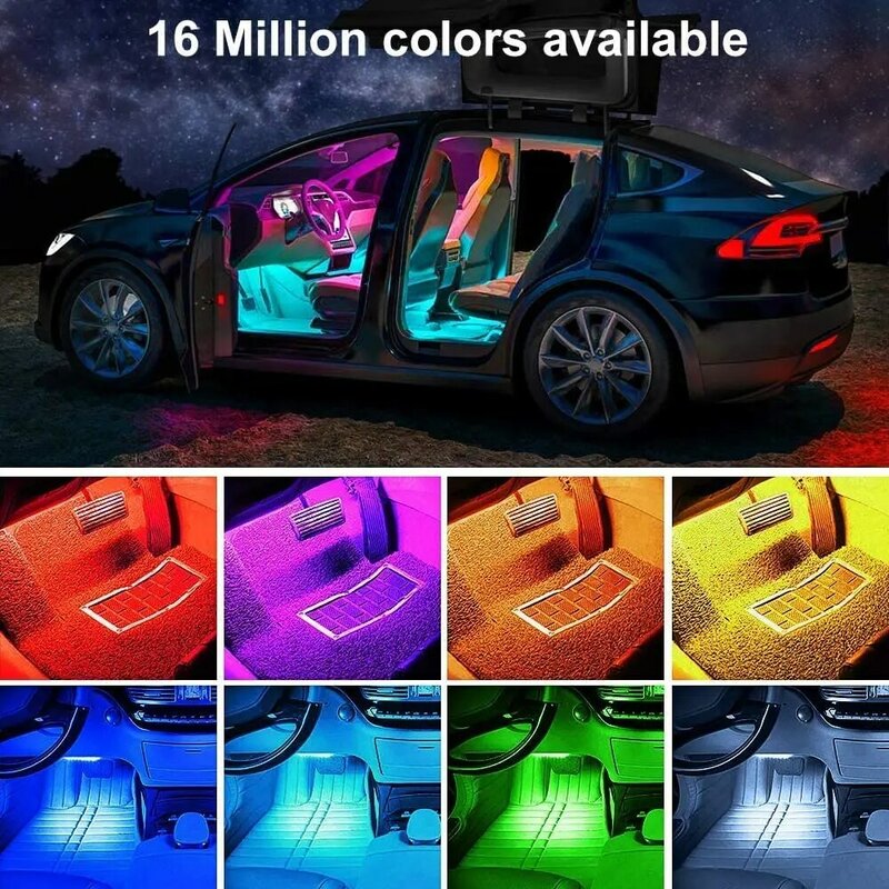 4 in 1 LED Car Interior Decoration Light Strip Bluetooth APP Control RGB Car Atmosphere Ambient Lamp Light USB Charge Waterproof