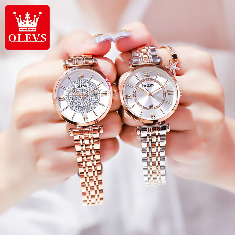 OLEVS นาฬิกาข้อมือสแตนเลสบางเฉียบลำลอง, นาฬิกาควอตซ์แบรนด์หรูกันน้ำนาฬิกาสำหรับผู้หญิงแฟชั่นผู้หญิง