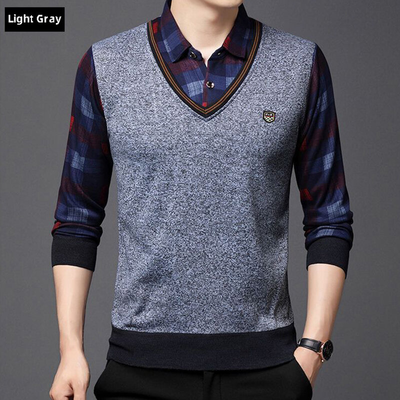 Suéter de punto con cuello de camisa para hombres jóvenes y de mediana edad, suéter falso de dos piezas, camisa de fondo, ropa de invierno