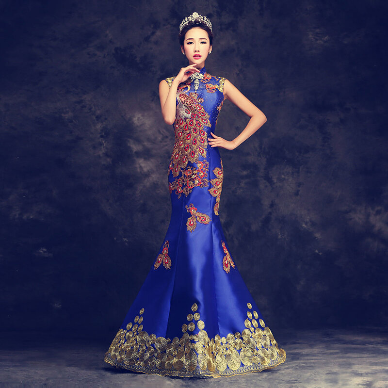 Vestido de noche de sirena de lujo para mujer, ropa Formal de maternidad, elegante, azul, rojo, con diamantes de imitación, Abiti Da Cerimonia, cheongsam