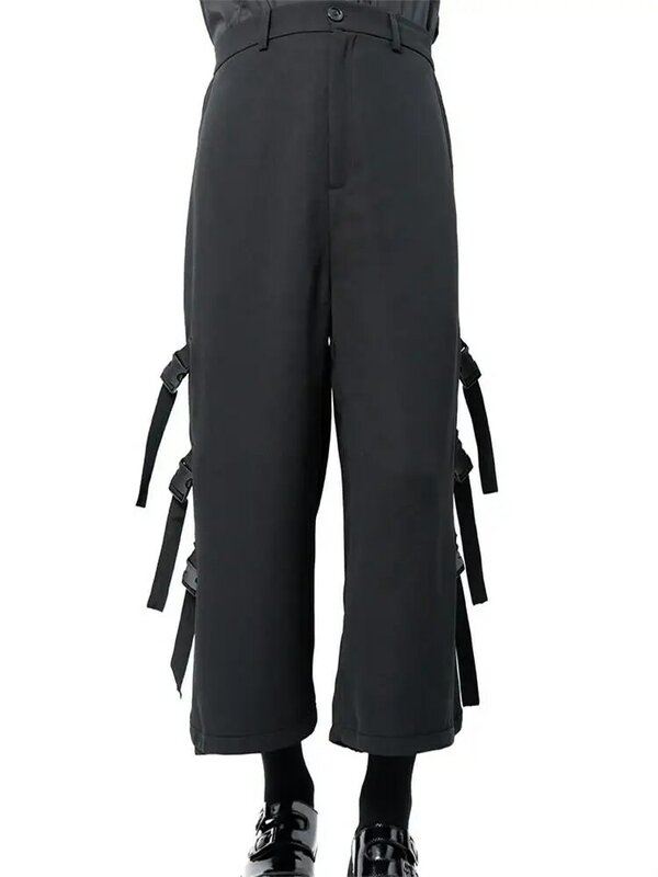 Pantalones informales de pierna ancha para hombre, bolsa escolar juvenil urbana oscura, de estilo cantante, estilista, con hebilla, nuevo