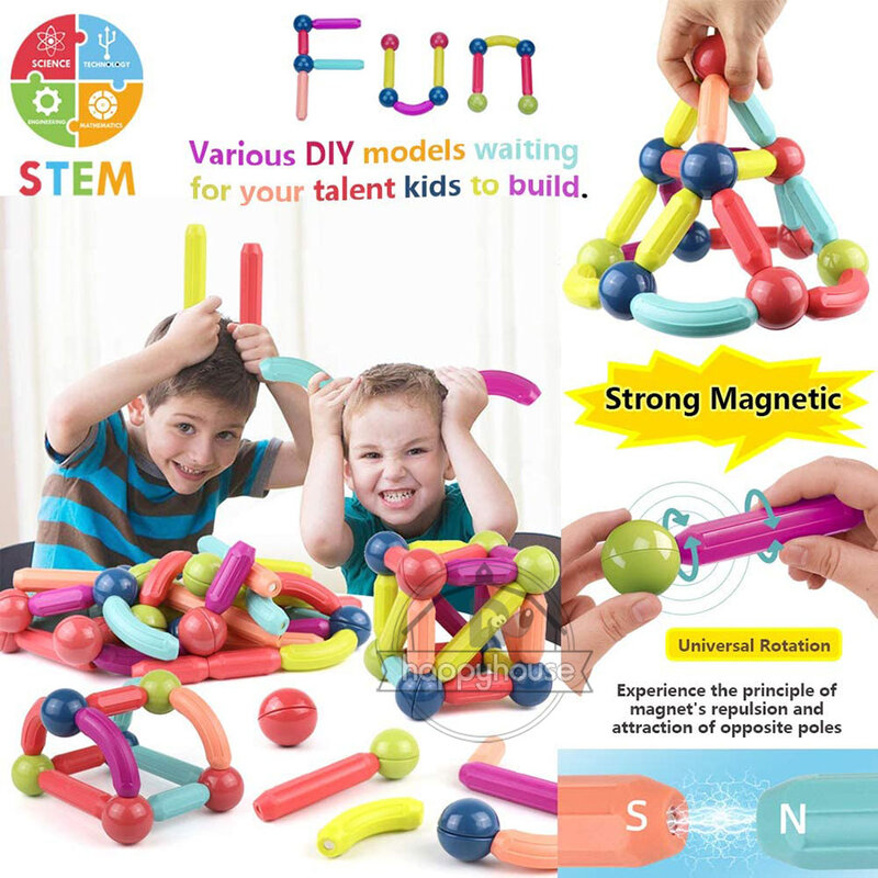แม่เหล็กสร้างบล็อกชุดของเล่นเด็ก Magnet Stick Rod Building Blocks Montessori ของเล่นเพื่อการศึกษาเด็กสาว