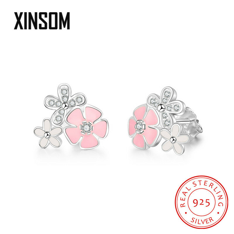 XINSOM Korean Cute Flowers Genuine 925 Sterling Silver Earrings For Women 2020 Romantic Engagement Wedding Stud Earrings 20MARE8