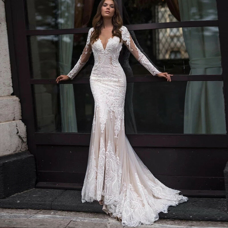 Luksusowa syrenka z długim rękawem koronkowe suknie ślubne z okrągłym dekoltem 2024 suknia ślubna z tiulu guzik Sexy Illusion Back Vestidos De Noiva