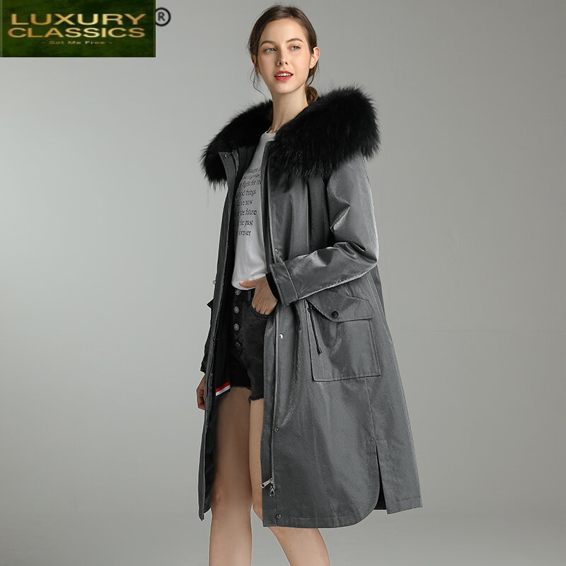 女性のアライグマの毛皮の冬のコート,長くてふわふわの毛皮の襟,2021