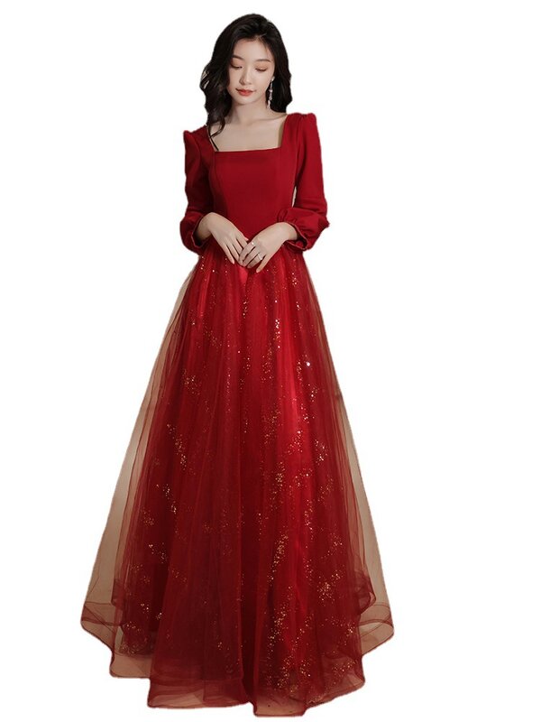 Women Long Party Gowns Red Square Collar Elegant Formal Prom Dresses Floor-Length Embroidery Tiered Lace Bar Mitzvah Dress