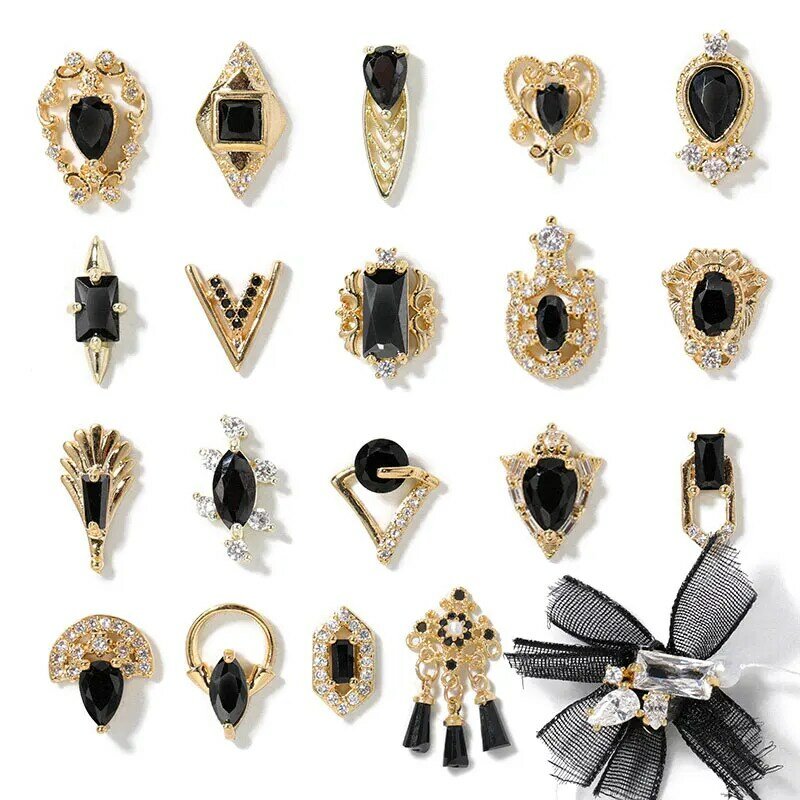 Strass de luxe en cristal de Zircon noir, pendentif d'accès en alliage d'or, décorations artistiques, ornements de bijoux à la mode, 2 pièces
