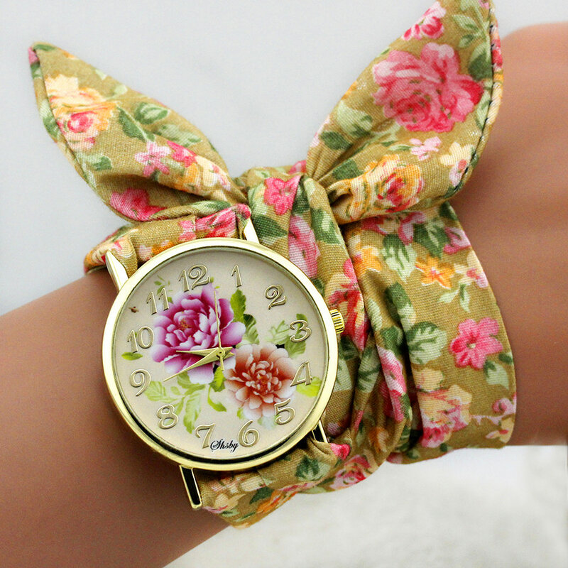Shsby relógio de pulso feminino com estampa de flores e tecido, relógio de pulso dourado da moda, relógio feminino elegante de alta qualidade com tecido