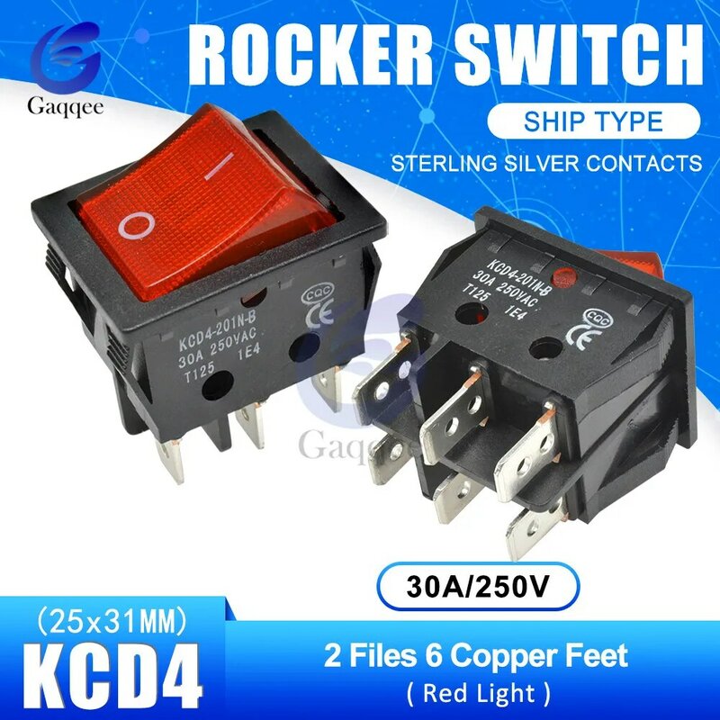 Interruptor basculante de cobre KCD4, 2 archivos, 6 pines, interruptor de encendido y apagado, tipo barco con luz, contactos plateados, 30A/250V, 25x31MM