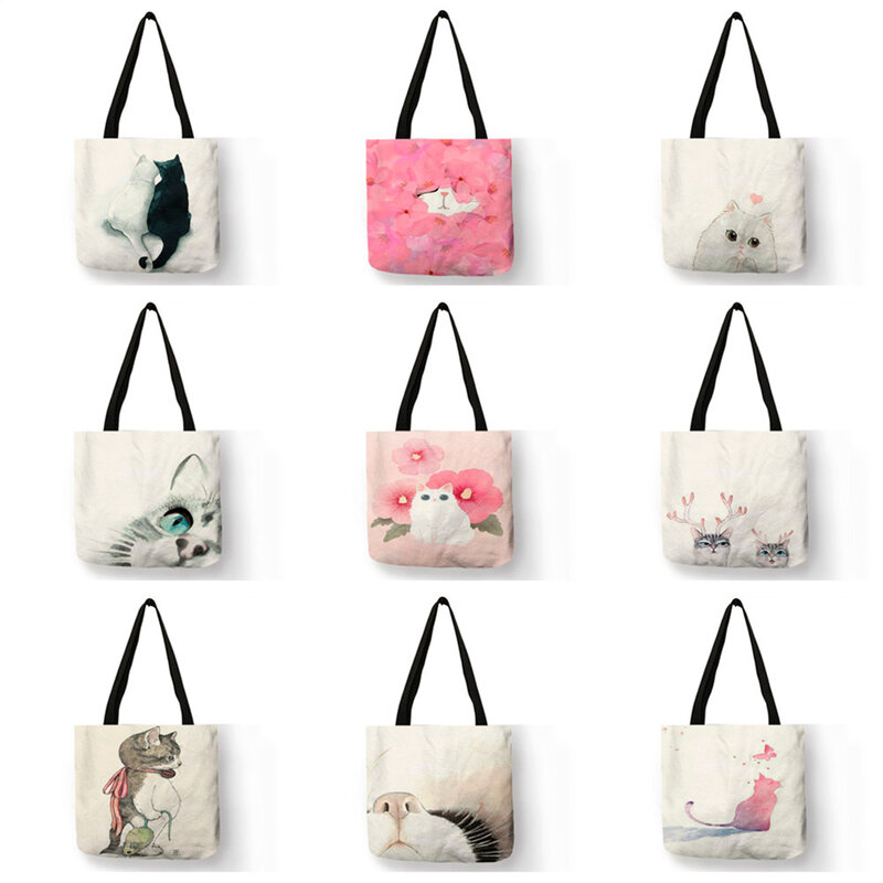 Watercolor Hand Painted Tote Bags Floral Cute Cat Print Shoulder Bag For Women Lady  Office Handbag Daily Casual Shopping Bags