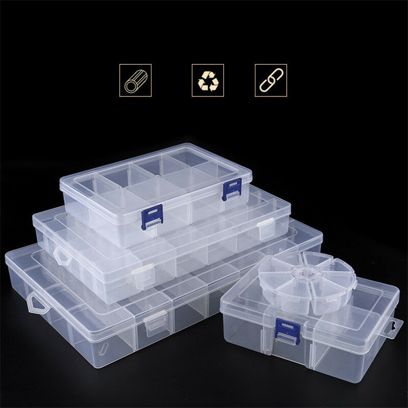 Caja de almacenamiento de plástico con compartimentos ajustables, caja de almacenamiento de plástico transparente, compartimentos ajustables de 3 a 36 rejillas, organizador para joyería, pendientes, tornillos