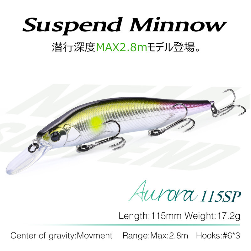 TSURINOYA-Suspending Minnow Fishing Lure, Tungsten Weight System, Bass Jerkbait, Hard Bait, AURORA, Pike, Bass, 115mm, 17.2g, 115SP