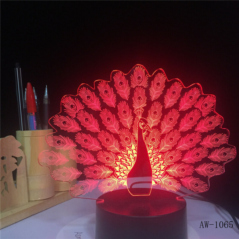 Lámpara 3D de diseño de pavo real, luz LED nocturna, lámpara de Noche de Ambiente, USB, 7 colores que cambian, luces táctiles LED para decoración de fiestas, AW-1065 de luz