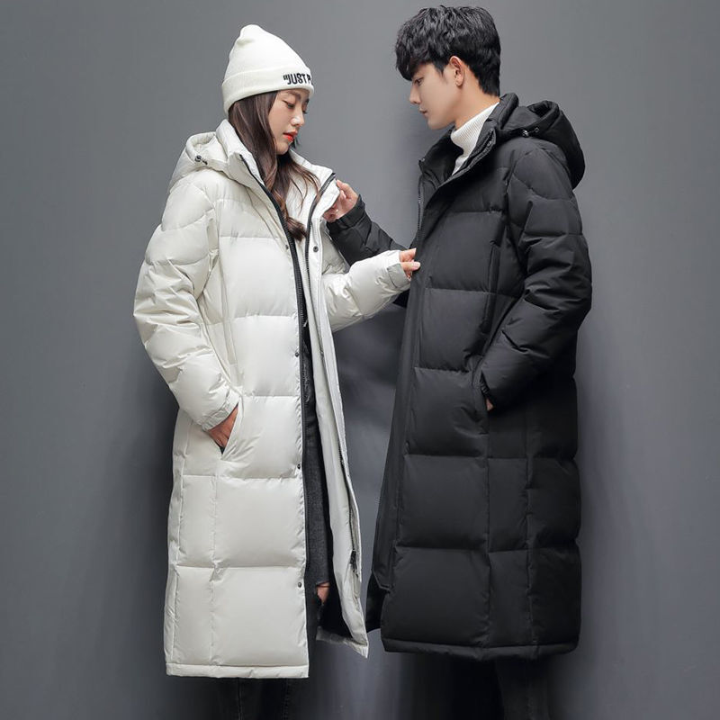 2021 New Fashion Winter Men's and Women's Down Jacket Pure Color Over The Knee Long Couple Warm White Duck Down New Clothing 256