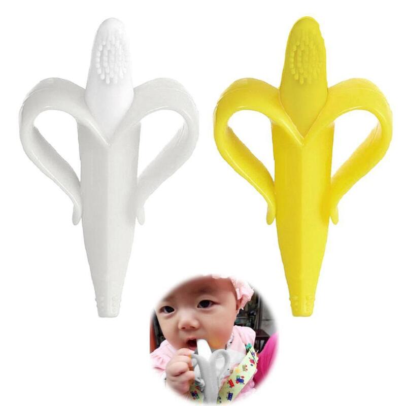 Mordedor de silicone para crianças, brinquedos infantis seguros, anel de mordedor de banana, escova de dentes de silicone, presente para crianças