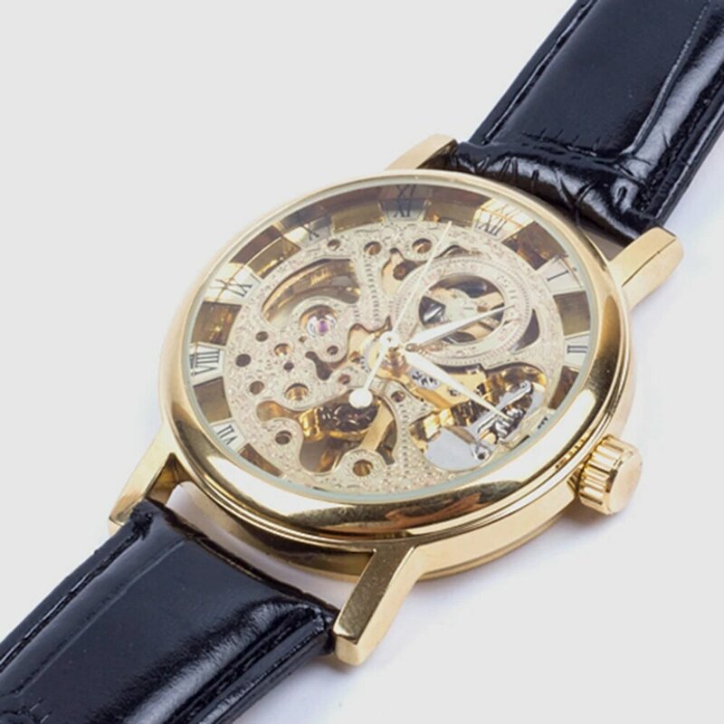 HOT SALE Men Fashion Luxury Hollow Skeleton Round Dial Faux Leather Strap Wrist Watch fashion men sports watches cool wristwatch
