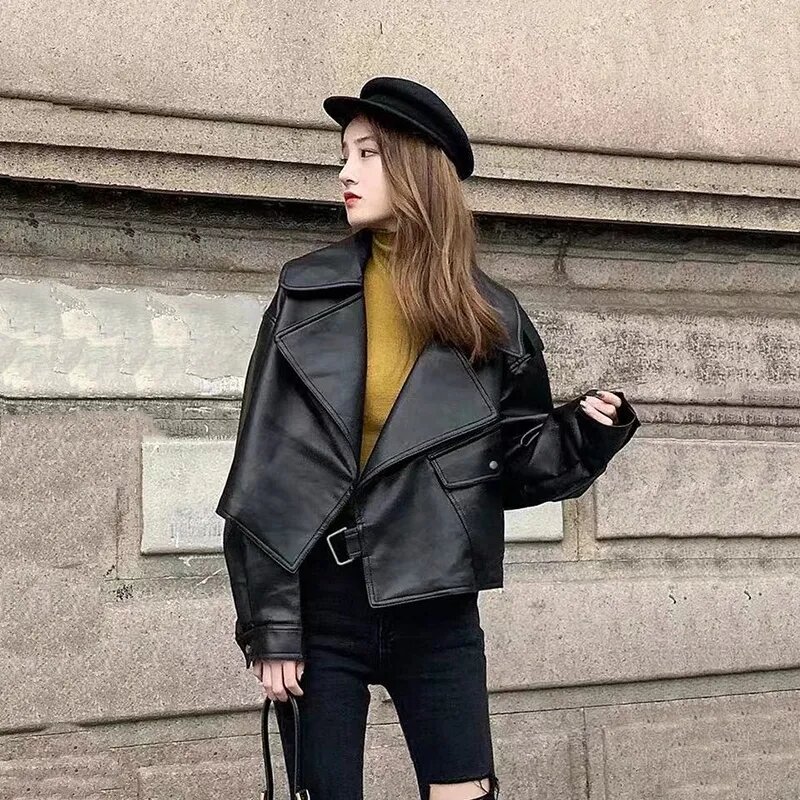 Primavera feminino jaqueta de couro do falso motociclista preto casaco turndown collar plutônio motocicleta jaquetas soltas streetwear outerwear veste femme