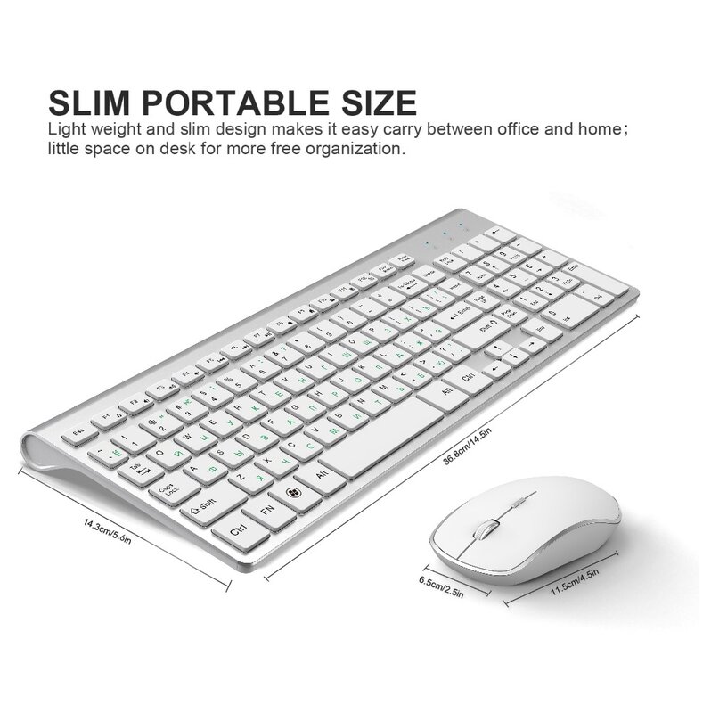 Russo versão 2.4g teclado sem fio e mouse, ergonomia, tamanho completo portátil, interface usb, high-end moda prateado branco