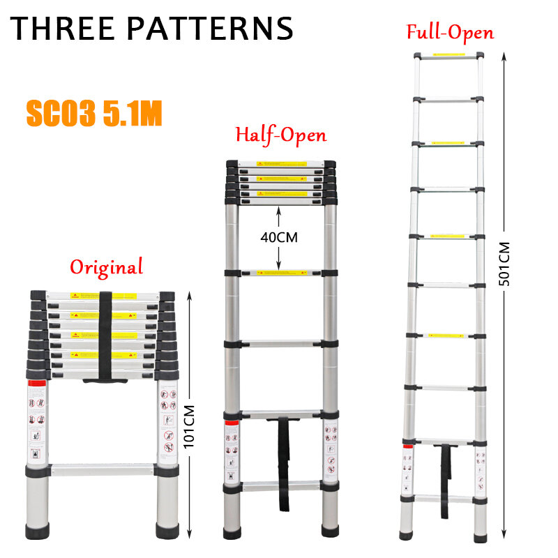 MANSTOOL SC03 Telescoping Ladders Foldable Extension Ladder with Balance Bar 5.1M Portable Straight Ladders for Household