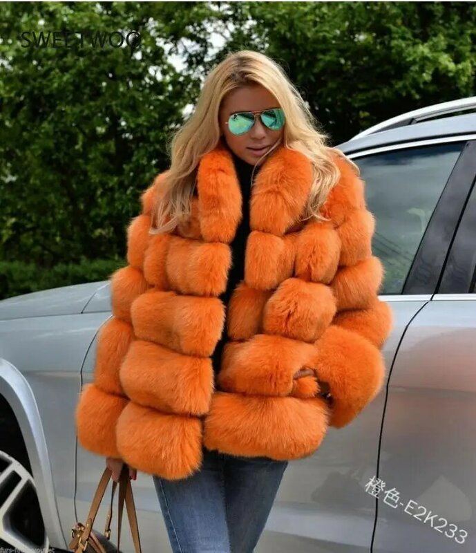 ฤดูหนาวผู้หญิงหรูหรา Faux Fox ขนสัตว์ผู้หญิงยืนปลอกคอขนแขนยาว Faux Fur Jacket