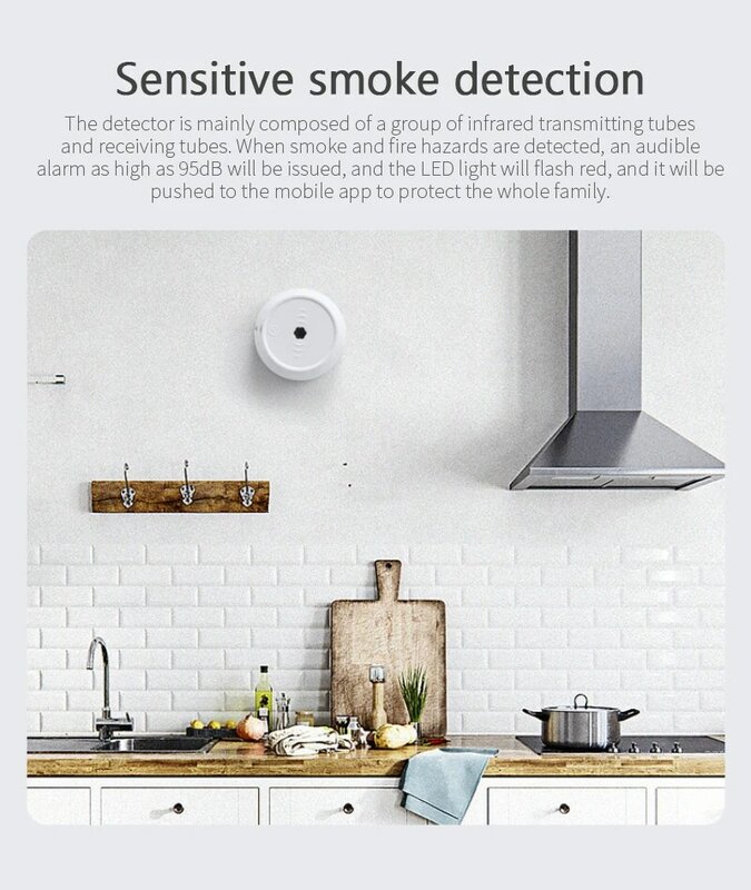 Detektor Alarm asap sensitif tinggi, Alarm Sensor asap perlindungan api Sensor independen keamanan kehidupan pintar WiFi rumah