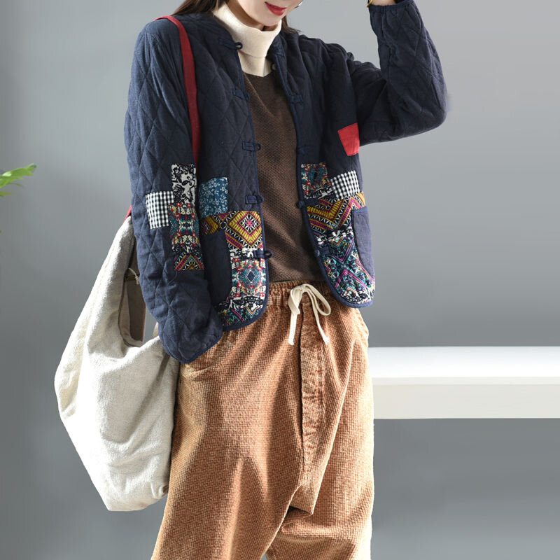 Abrigo corto Vintage de manga larga para mujer, chaqueta gruesa de algodón y lino con retales, estilo artístico, de un solo pecho, Otoño e Invierno