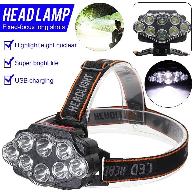 8 LED Camping Headlamp Head Torch Work Light Headlight Rechargeable For Outdoor Fishing Walking Climbing Head Lamp White