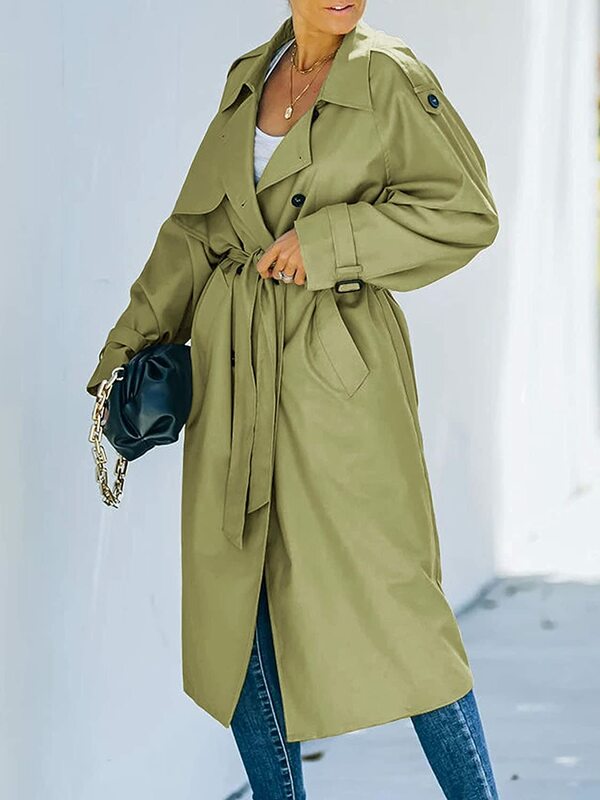 Женский двубортный длинный Тренч, классическое пальто с отложным воротником и длинным рукавом, ветрозащитное пальто с поясом, осенняя уличная одежда