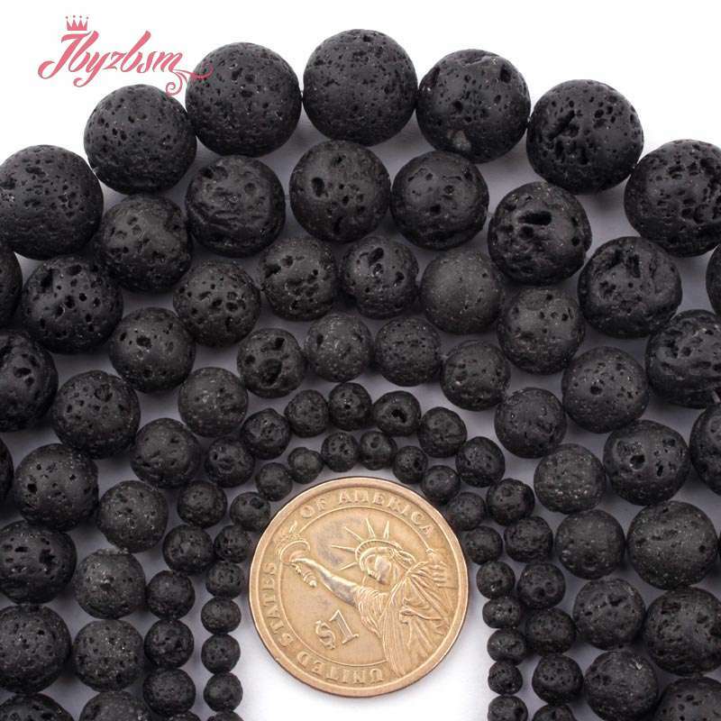Natural Lava Rock Beads para Fazer Jóias, Round and Black, Loose Stone, Colar DIY, Pulseira, Strand, 4mm, 6mm, 8mm, 10mm, 15 pol