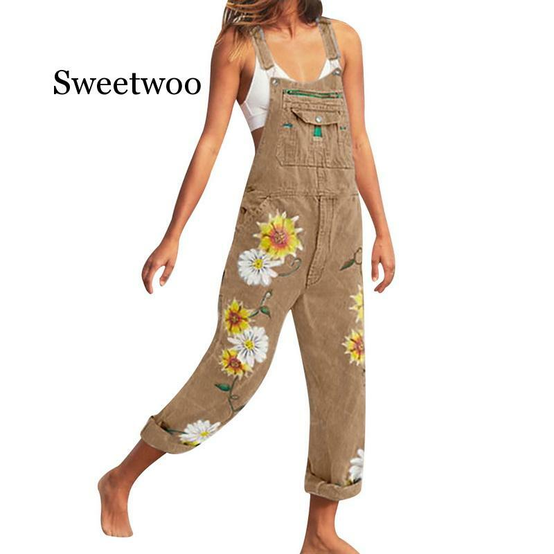 Combinaison en Denim pour femmes, pantalon Long imprimé, salopette à bretelles, décontractée, ample, grande taille, automne