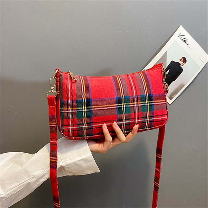 Luxury Women Designer Retro Plaid Shoulder Bag Red Baguette Shape Tote Bags Ladies Handbag Messenger Purse bolsa feminina