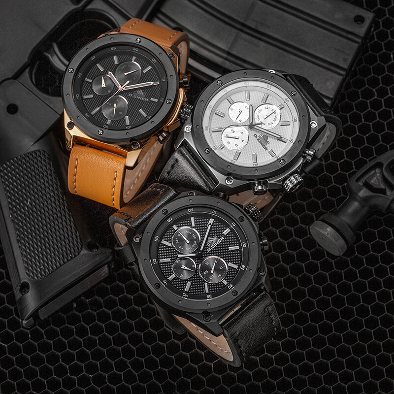 2019 D-ZINER de cuero impermeable deporte reloj cronógrafo hombres nuevos de moda relojes para hombre marca de lujo gran esfera de cuarzo reloj de pulsera