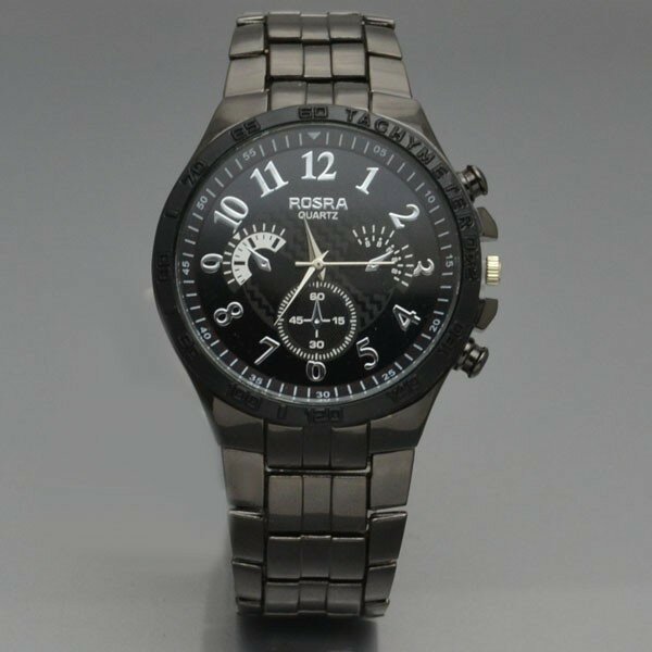 Rossra-스테인레스 스틸 아날로그 쿼츠 남자 손목시계, 블랙 스포츠 시계
