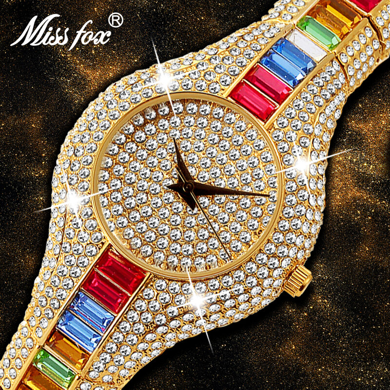MISSFOX-reloj de oro de lujo para mujer, cronógrafo de mezcla de diamantes de Baguette, resistente al agua, a prueba de golpes, pequeño