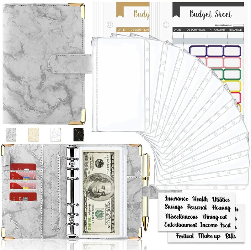 Money Budget Planner Binder com Zipper, Envelopes de dinheiro para orçamento, Organizador para A6, 28Pcs