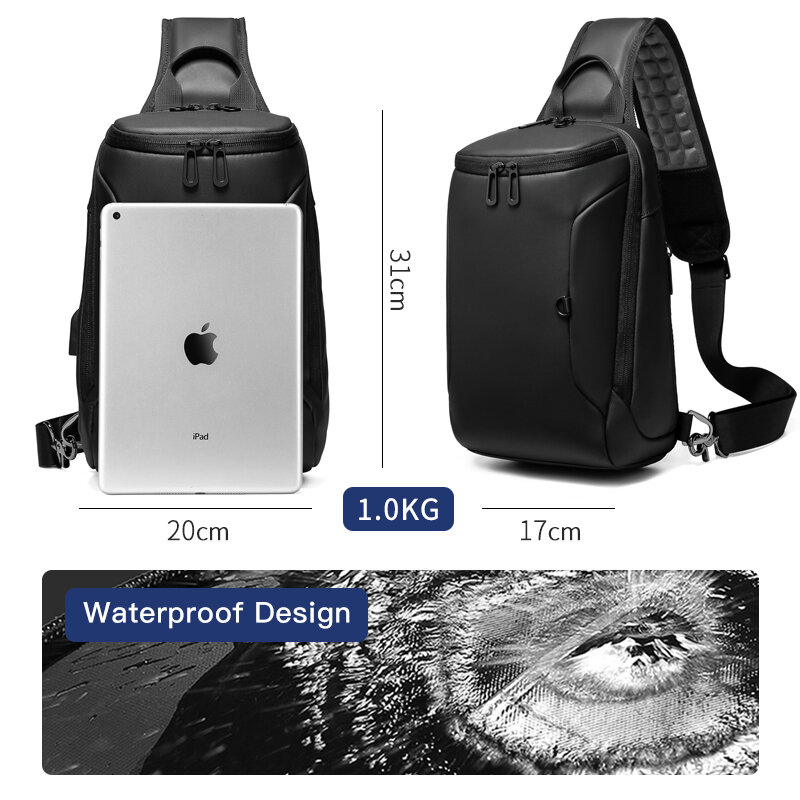 OZUKO-sac à bandoulière imperméable pour hommes, sac à chargeur usb initié décontracté sac de poitrine pour iPad 9.7 pouces court voyage