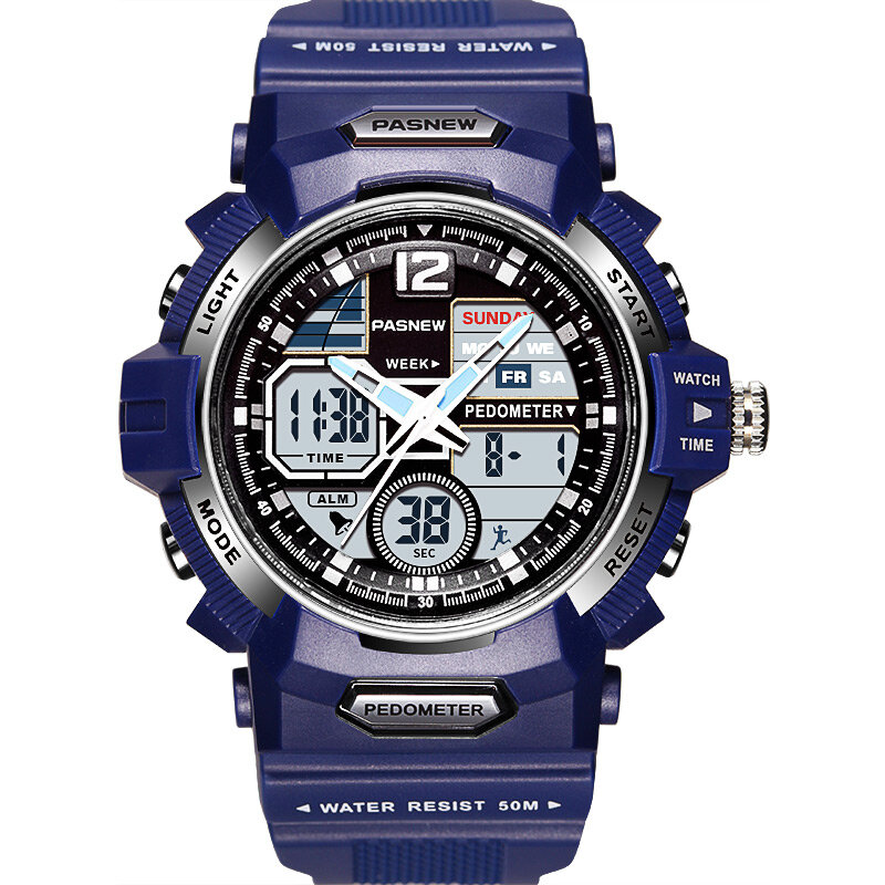 PASNEW แบรนด์ผู้ชายนาฬิกาแฟชั่นสีฟ้ากีฬานาฬิกาผู้ชายแบบ Dual Display Analog นาฬิกาข้อมือควอตซ์ดิจิตอลนาฬ...
