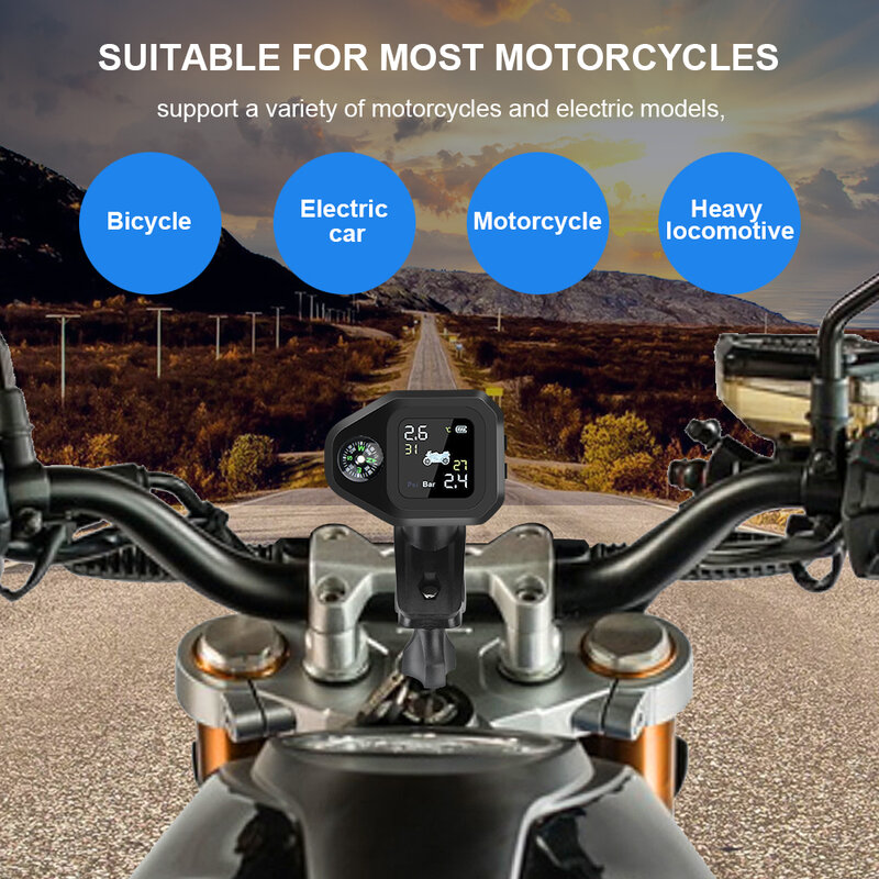 Motorcycle Tire Pressure Sensors, TPMS com bússola, Tire Pressure Monitoring System, LCD Digital Tester, Motorbike Acessórios, 0-8Bar, 116Psi