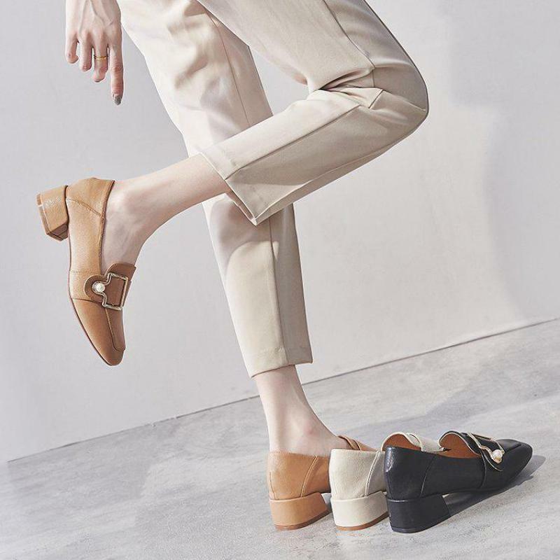 봄 여름 스퀘어 헤드 로퍼 새로운 조커 영국 스타일 Chunky Heels 직업 공식 착용 기질 패션 플랫 신발