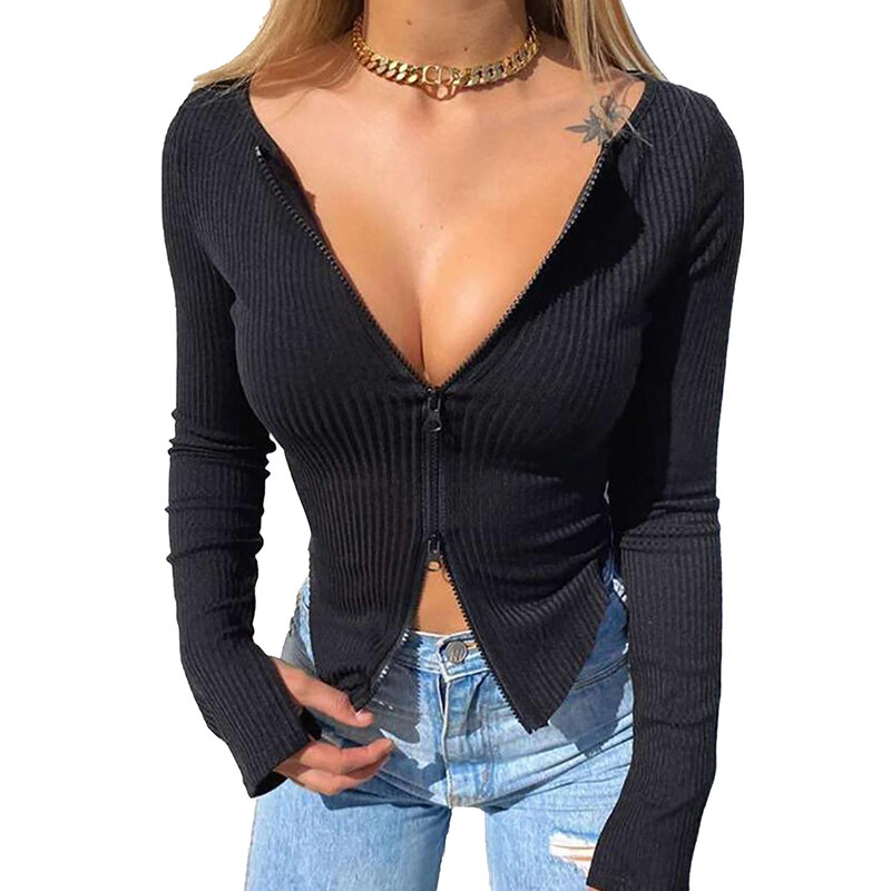 T-shirt da donna primavera autunno vestiti a coste lavorati a maglia a maniche lunghe Crop top con cerniera Design Tee Sexy femminile Slim nero bianco top
