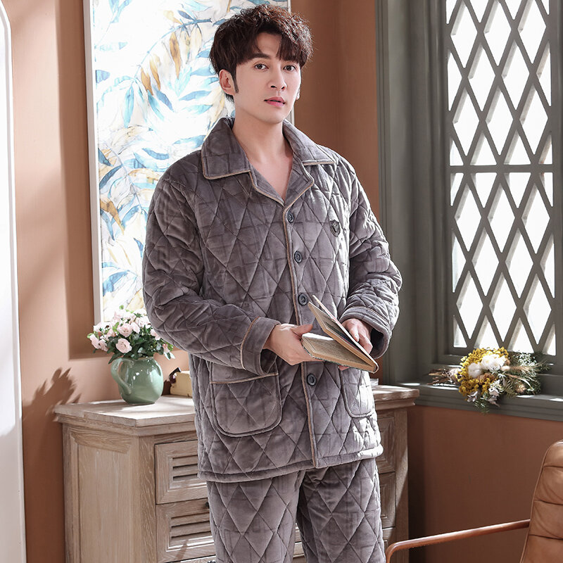 Pyjama matelassé en flanelle de coton pour homme, veste à manches longues, épais, de haute qualité, pour service à domicile, hiver