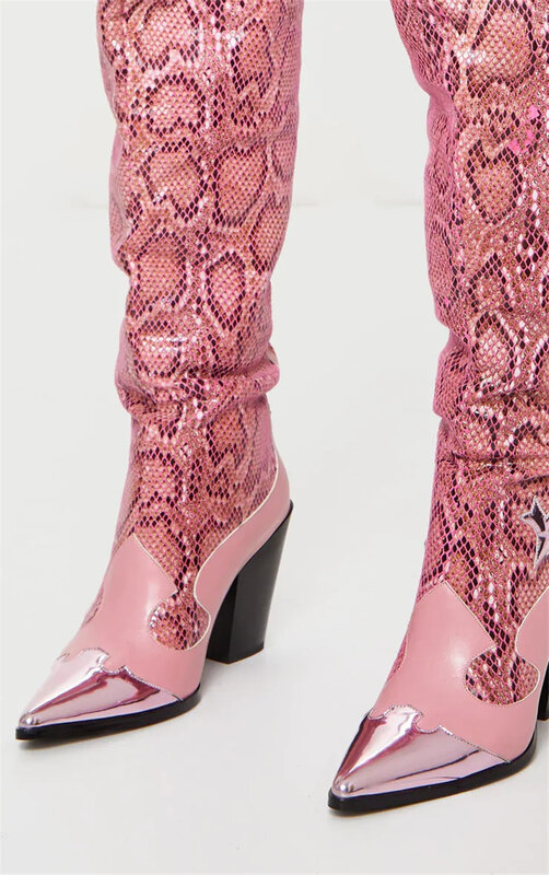 2021 marca de moda apontou toe cobra impressão microfibra joelho botas altas sexy saltos altos sapatos mulher senhoras outono botas de inverno rosa