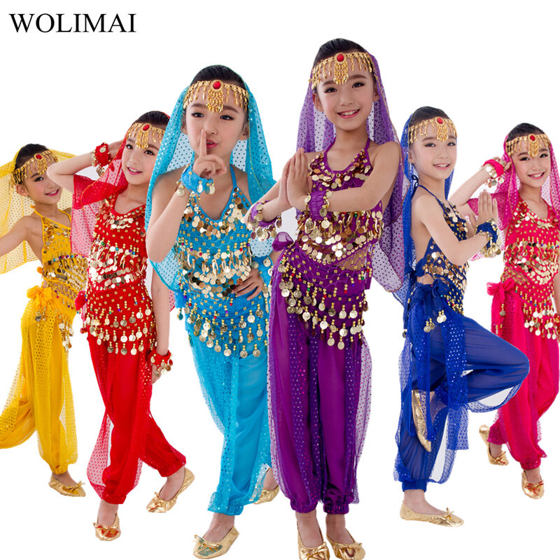 Disfraz de danza del vientre para niños, traje de Carnaval, Egipto, cinturón, Ropa de baile de la India, actuación de Bollywood, conjunto de tela de danza del vientre