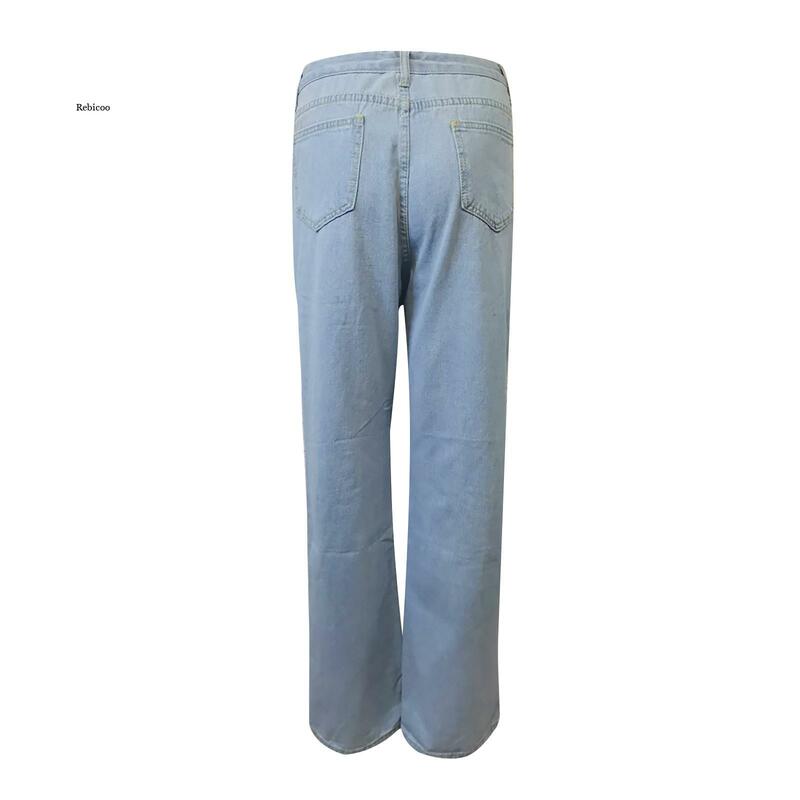Hoge Taille Losse Comfortabele Jeans Voor Vrouwen Modieuze Toevallige Rechte Broek Ripped Jeans Vrouwen Broek
